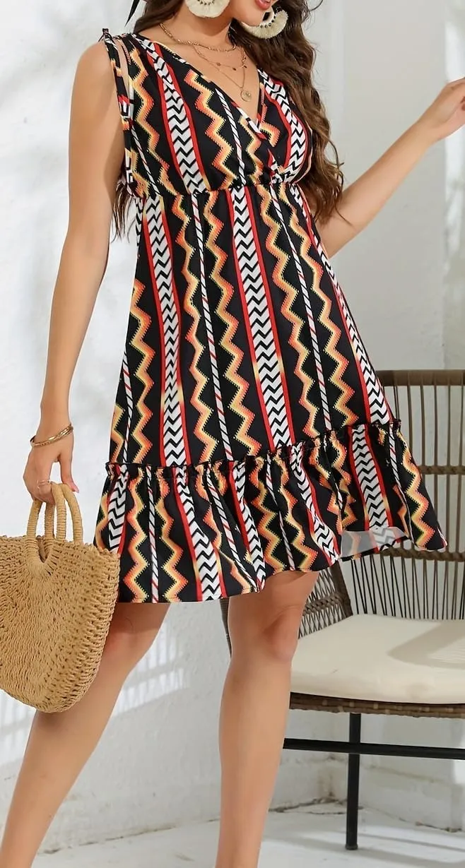 Womens Summer V-Neck Bohemian Floral Pattern Drawstring Ruffle Cap Sleeveless Mini Dress Breathable & Soft Sundress