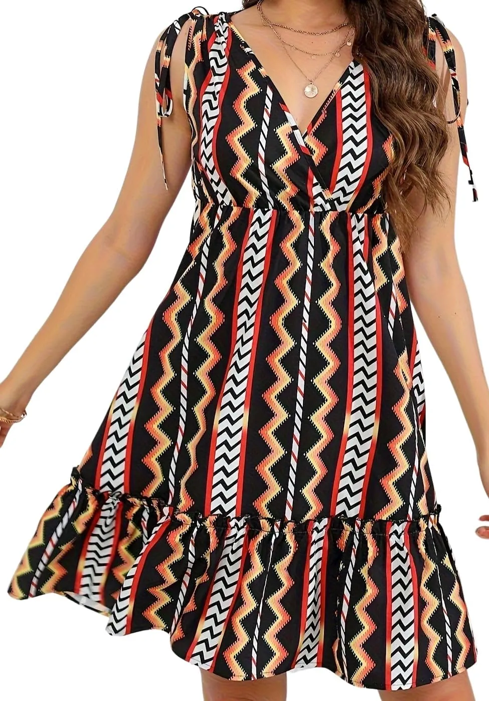 Womens Summer V-Neck Bohemian Floral Pattern Drawstring Ruffle Cap Sleeveless Mini Dress Breathable & Soft Sundress