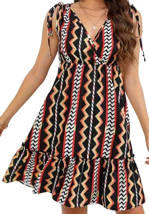 Womens Summer V-Neck Bohemian Floral Pattern Drawstring Ruffle Cap Sleeveless Mini Dress Breathable & Soft Sundress