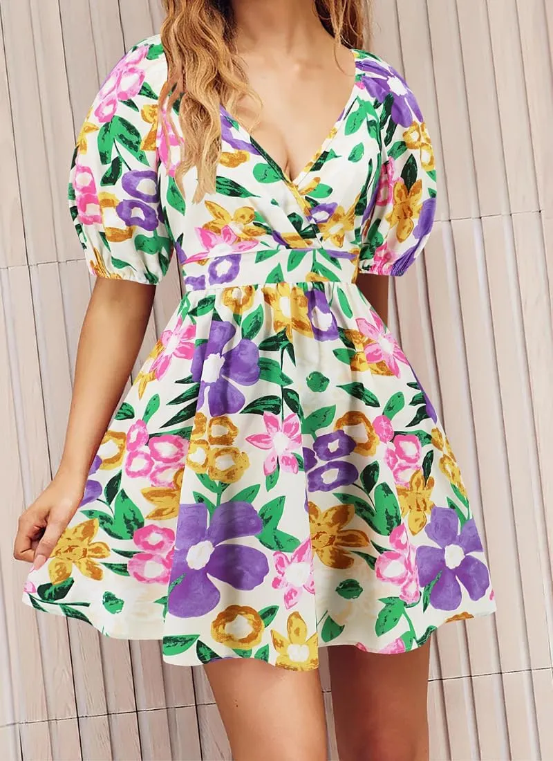 Womens Summer V Neck Lantern Sleeves Backless Ruffle Floral Prints Breathable Sexy Flowy Mini Beach Dress