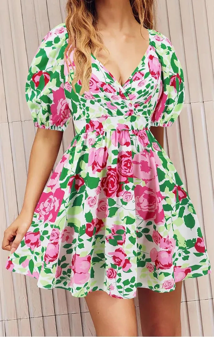 Womens Summer V Neck Lantern Sleeves Backless Ruffle Floral Prints Breathable Sexy Flowy Mini Beach Dress