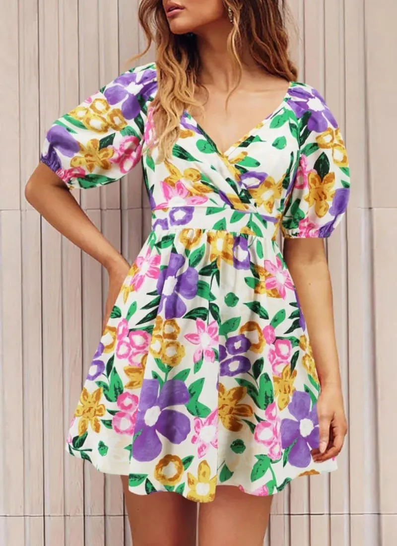 Womens Summer V Neck Lantern Sleeves Backless Ruffle Floral Prints Breathable Sexy Flowy Mini Beach Dress