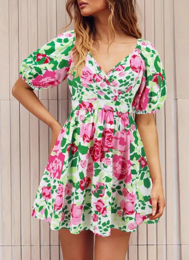 Womens Summer V Neck Lantern Sleeves Backless Ruffle Floral Prints Breathable Sexy Flowy Mini Beach Dress