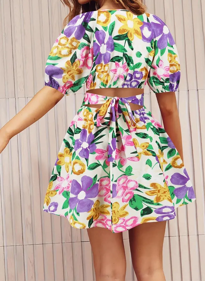 Womens Summer V Neck Lantern Sleeves Backless Ruffle Floral Prints Breathable Sexy Flowy Mini Beach Dress