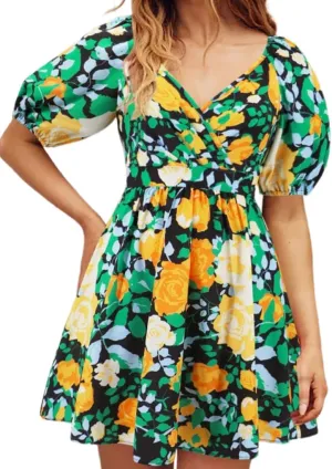 Womens Summer V Neck Lantern Sleeves Backless Ruffle Floral Prints Breathable Sexy Flowy Mini Beach Dress