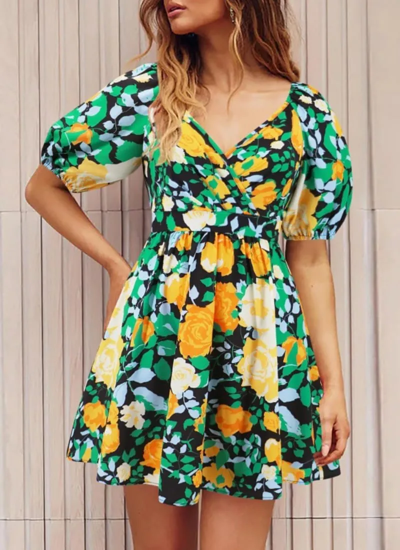 Womens Summer V Neck Lantern Sleeves Backless Ruffle Floral Prints Breathable Sexy Flowy Mini Beach Dress