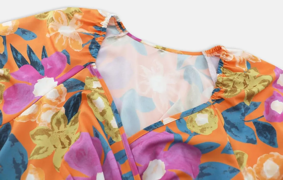 Womens Summer V Neck Lantern Sleeves Backless Ruffle Floral Prints Breathable Sexy Flowy Mini Beach Dress