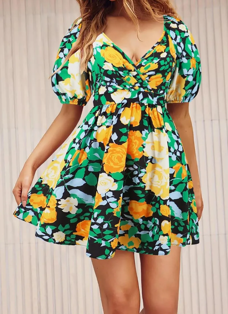 Womens Summer V Neck Lantern Sleeves Backless Ruffle Floral Prints Breathable Sexy Flowy Mini Beach Dress