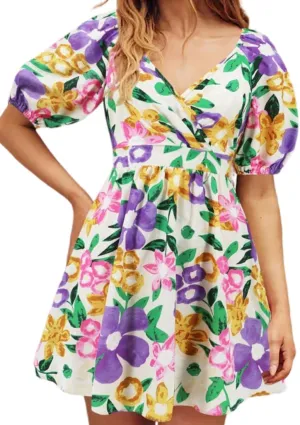 Womens Summer V Neck Lantern Sleeves Backless Ruffle Floral Prints Breathable Sexy Flowy Mini Beach Dress