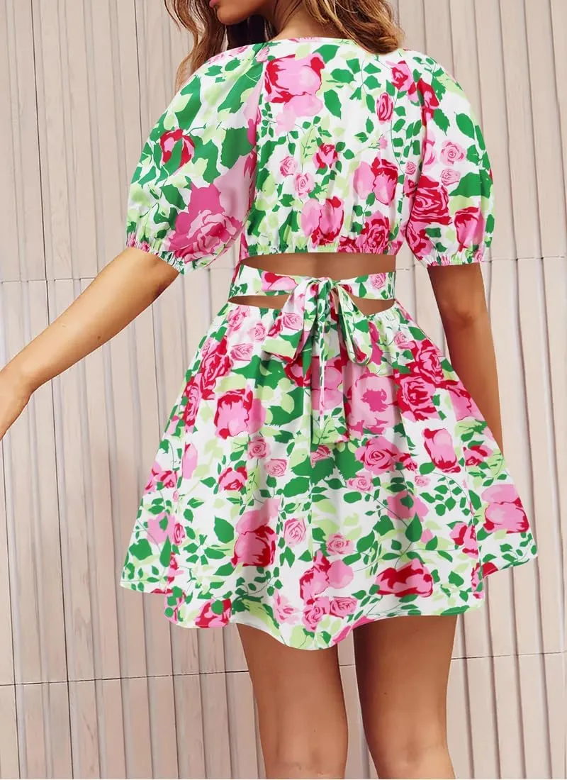 Womens Summer V Neck Lantern Sleeves Backless Ruffle Floral Prints Breathable Sexy Flowy Mini Beach Dress