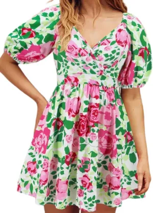 Womens Summer V Neck Lantern Sleeves Backless Ruffle Floral Prints Breathable Sexy Flowy Mini Beach Dress