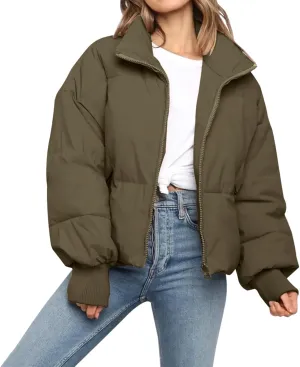 Womens Winter Cropped Puffer Jacket Coat Casual Quilted Baggy Long Sleeve Zip Down Jackets Outerwear