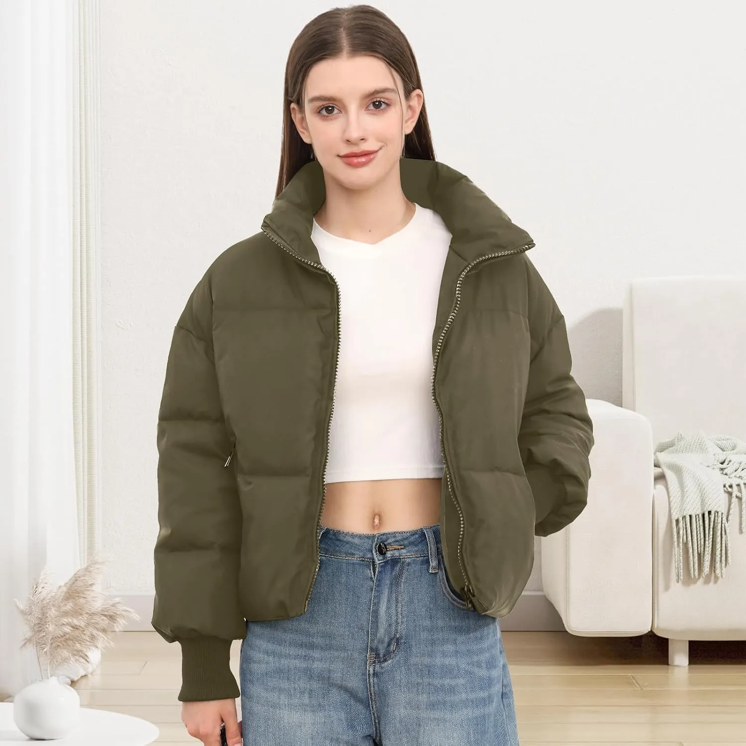Womens Winter Cropped Puffer Jacket Coat Casual Quilted Baggy Long Sleeve Zip Down Jackets Outerwear