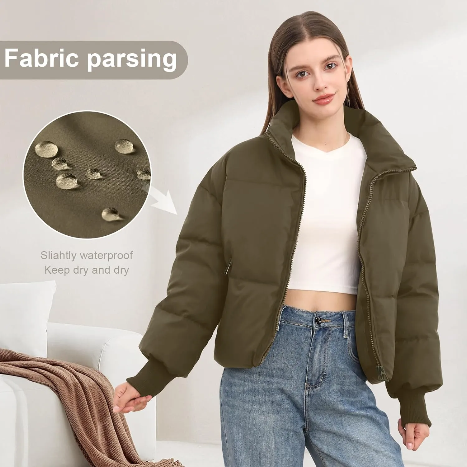 Womens Winter Cropped Puffer Jacket Coat Casual Quilted Baggy Long Sleeve Zip Down Jackets Outerwear