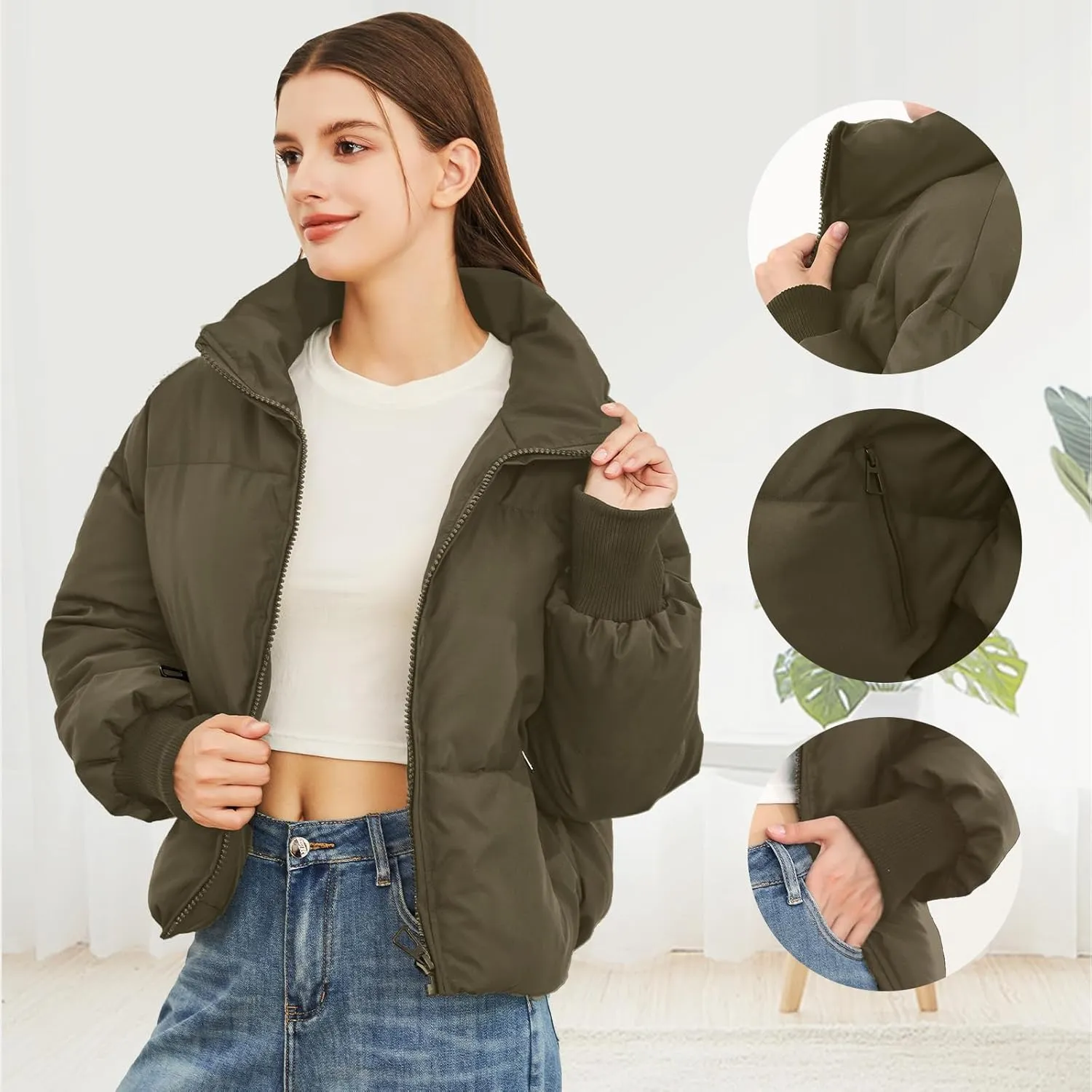 Womens Winter Cropped Puffer Jacket Coat Casual Quilted Baggy Long Sleeve Zip Down Jackets Outerwear