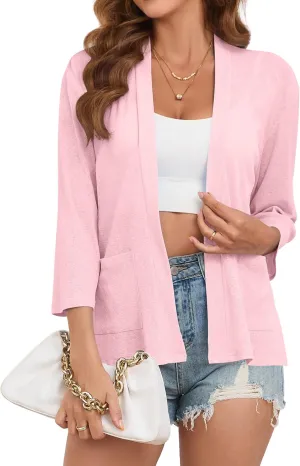 Wommens Summer 3/4 Sleeve Open Front Cardigans with Pockets Lightweight Sheer Cover Ups (Pink,XL)