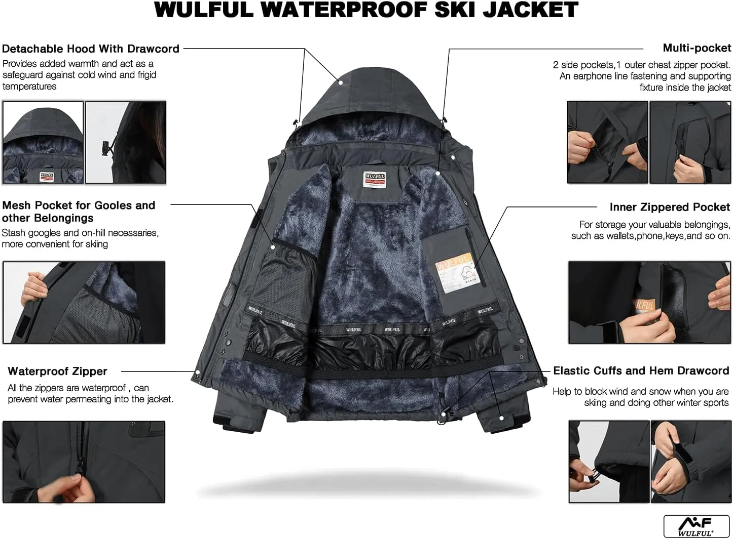 WULFUL Womens Waterproof Snow Ski Jacket Mountain Windproof Winter Coat with Detachable Hood