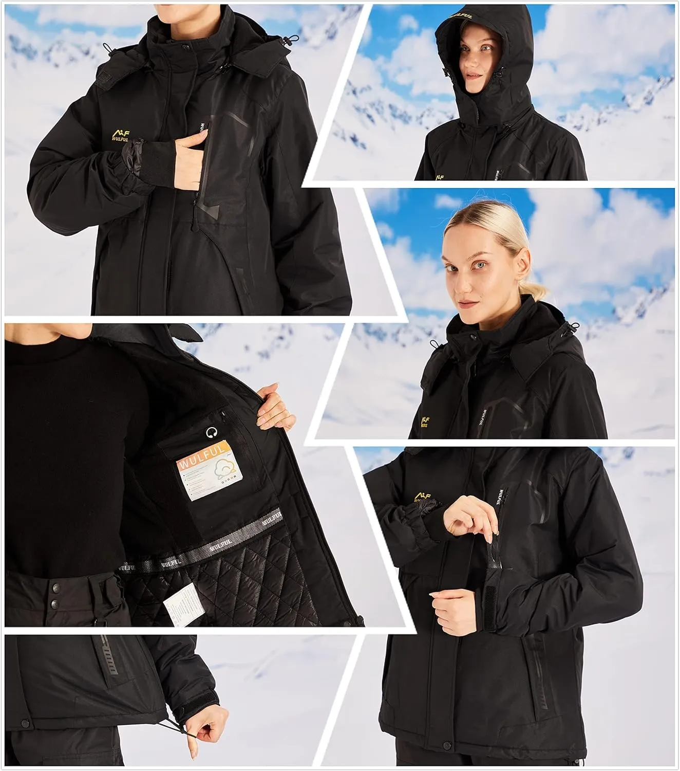WULFUL Womens Waterproof Snow Ski Jacket Mountain Windproof Winter Coat with Detachable Hood