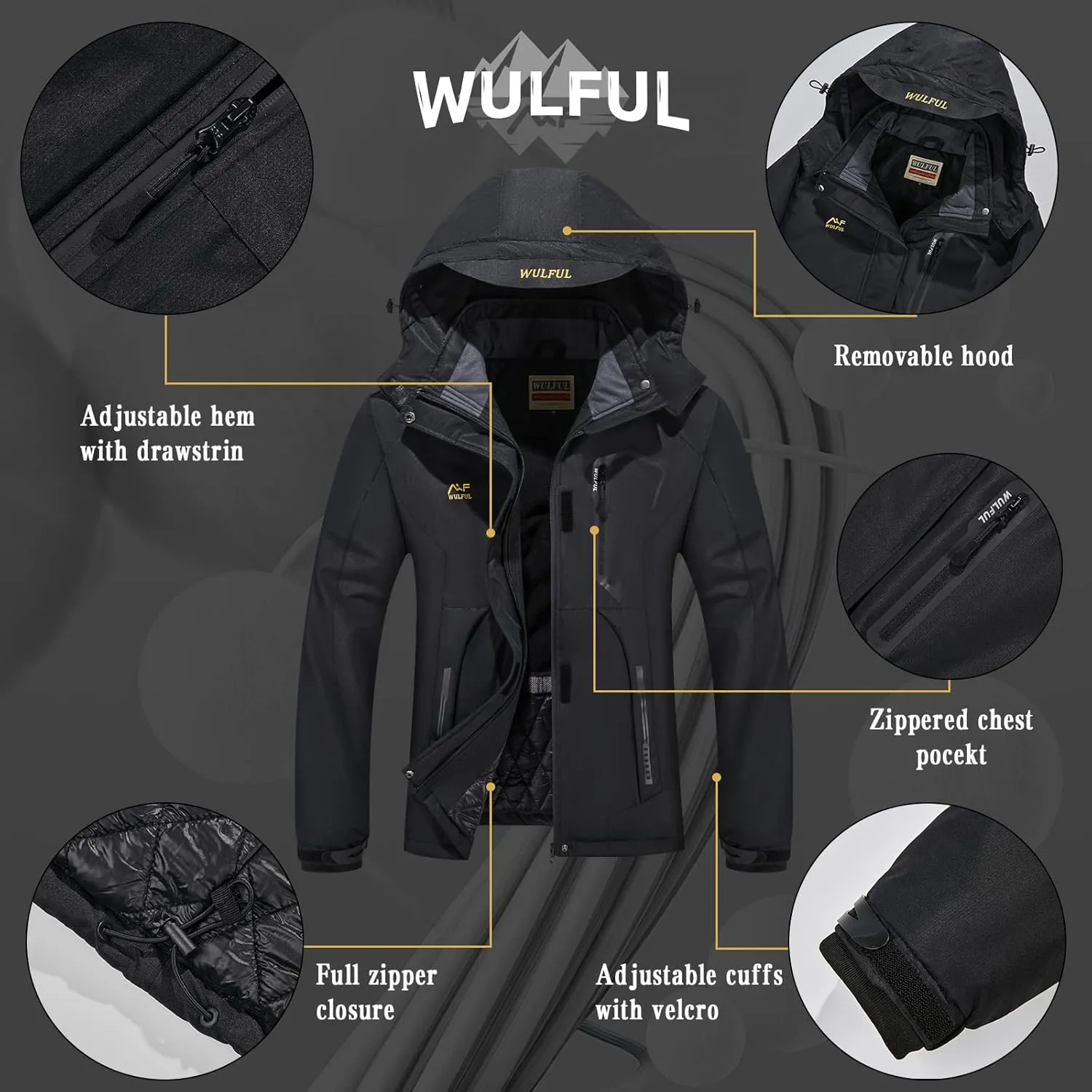 WULFUL Womens Waterproof Snow Ski Jacket Mountain Windproof Winter Coat with Detachable Hood