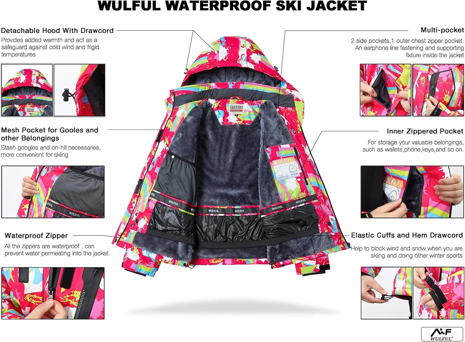 WULFUL Womens Waterproof Snow Ski Jacket Mountain Windproof Winter Coat with Detachable Hood