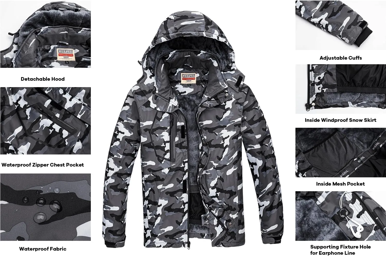 WULFUL Womens Waterproof Snow Ski Jacket Mountain Windproof Winter Coat with Detachable Hood