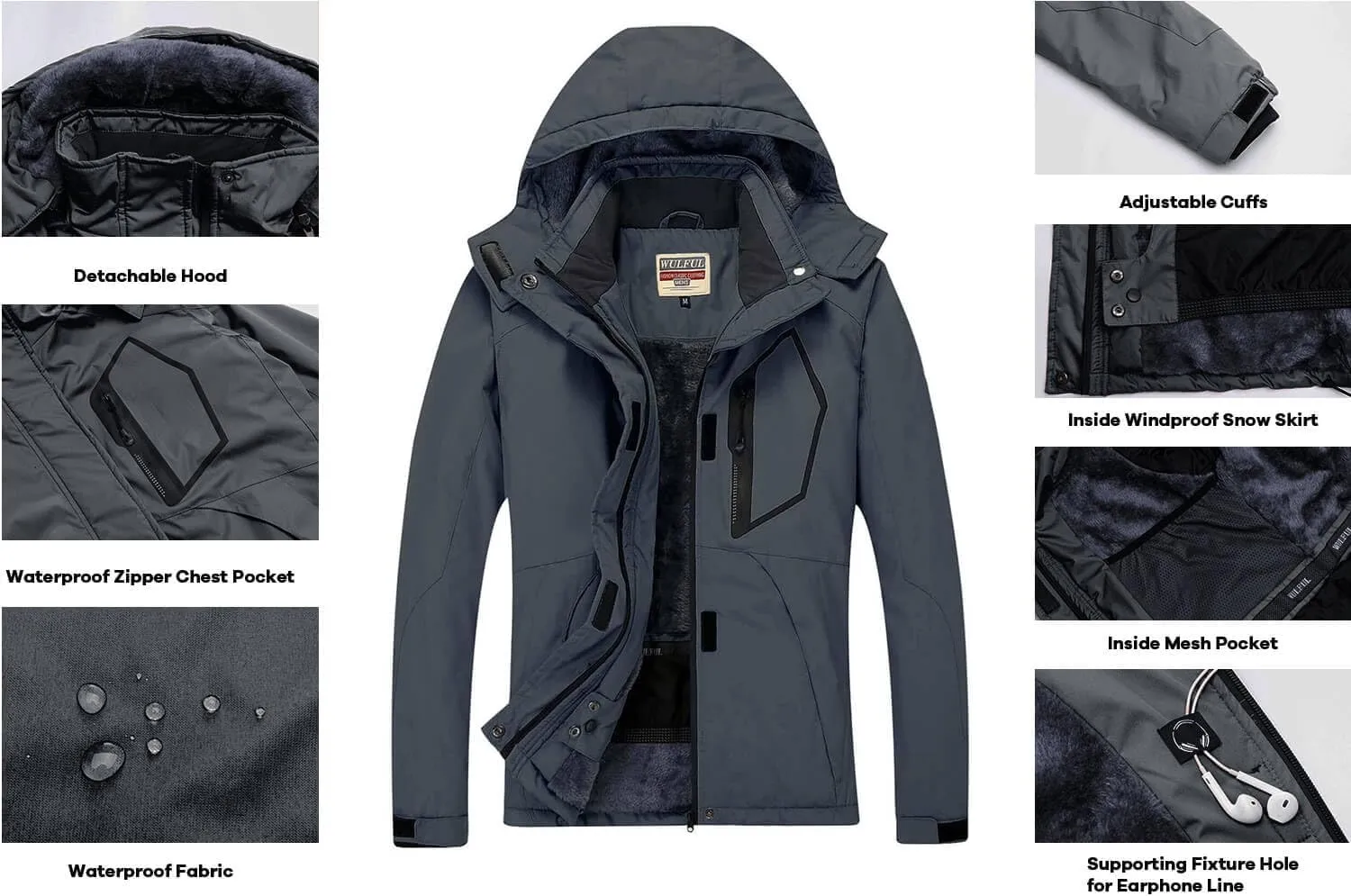 WULFUL Womens Waterproof Snow Ski Jacket Mountain Windproof Winter Coat with Detachable Hood