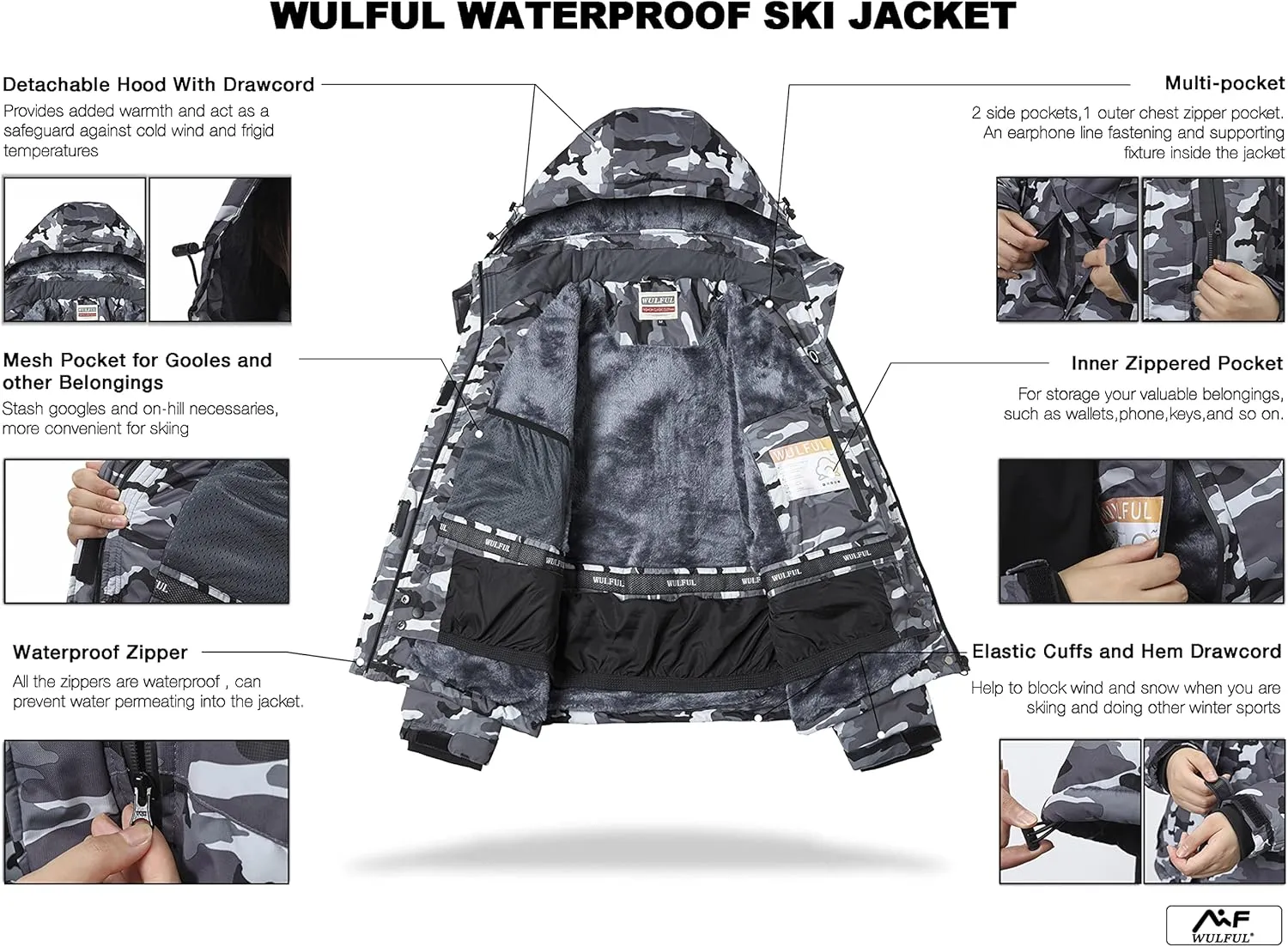 WULFUL Womens Waterproof Snow Ski Jacket Mountain Windproof Winter Coat with Detachable Hood