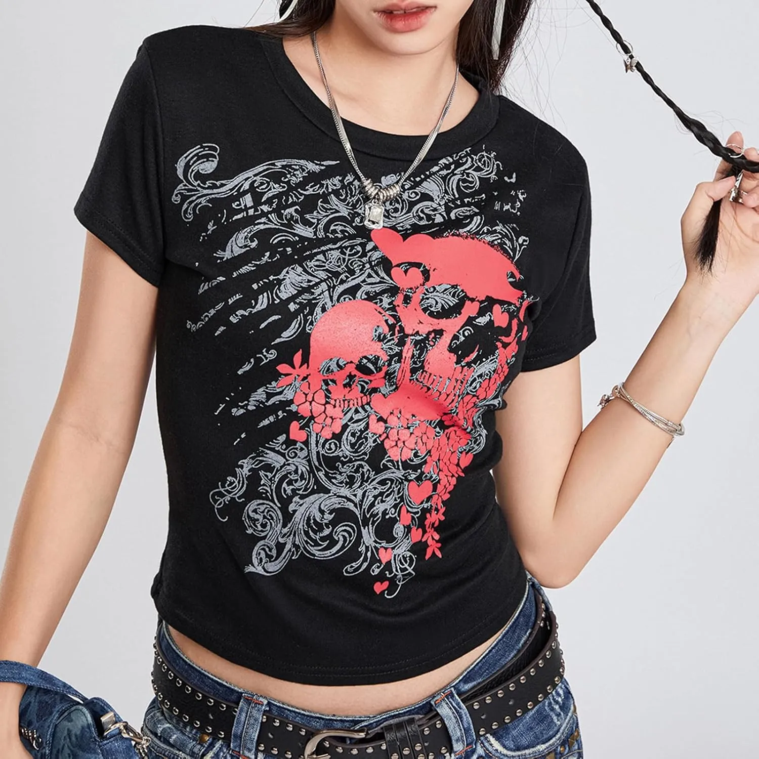 Y2k Grunge Graphic Tees for Women Teen Girls Vintage Goth Aesthetic Baggy Shirts 2000s Emo Tops Summer Clothes