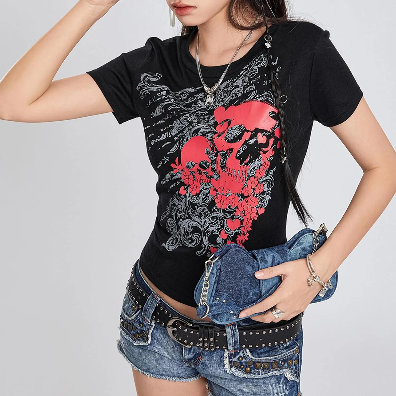 Y2k Grunge Graphic Tees for Women Teen Girls Vintage Goth Aesthetic Baggy Shirts 2000s Emo Tops Summer Clothes