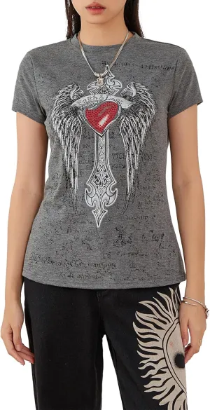 Y2k Grunge Graphic Tees for Women Teen Girls Vintage Goth Aesthetic Baggy Shirts 2000s Emo Tops Summer Clothes
