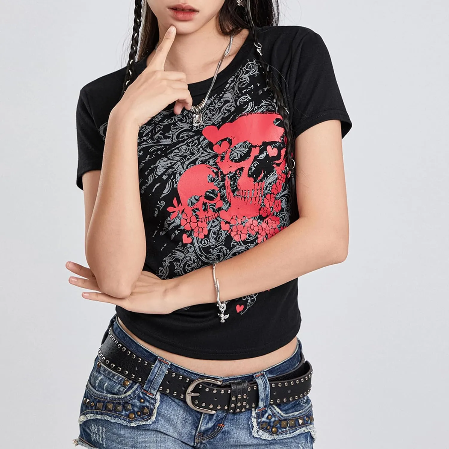 Y2k Grunge Graphic Tees for Women Teen Girls Vintage Goth Aesthetic Baggy Shirts 2000s Emo Tops Summer Clothes