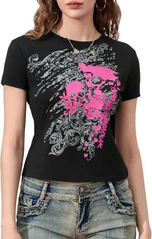 Y2k Grunge Graphic Tees for Women Teen Girls Vintage Goth Aesthetic Baggy Shirts 2000s Emo Tops Summer Clothes