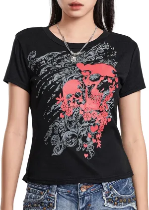 Y2k Grunge Graphic Tees for Women Teen Girls Vintage Goth Aesthetic Baggy Shirts 2000s Emo Tops Summer Clothes