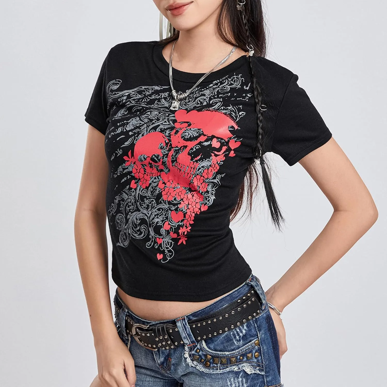 Y2k Grunge Graphic Tees for Women Teen Girls Vintage Goth Aesthetic Baggy Shirts 2000s Emo Tops Summer Clothes