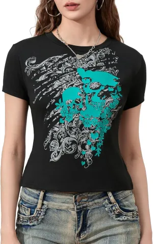 Y2k Grunge Graphic Tees for Women Teen Girls Vintage Goth Aesthetic Baggy Shirts 2000s Emo Tops Summer Clothes