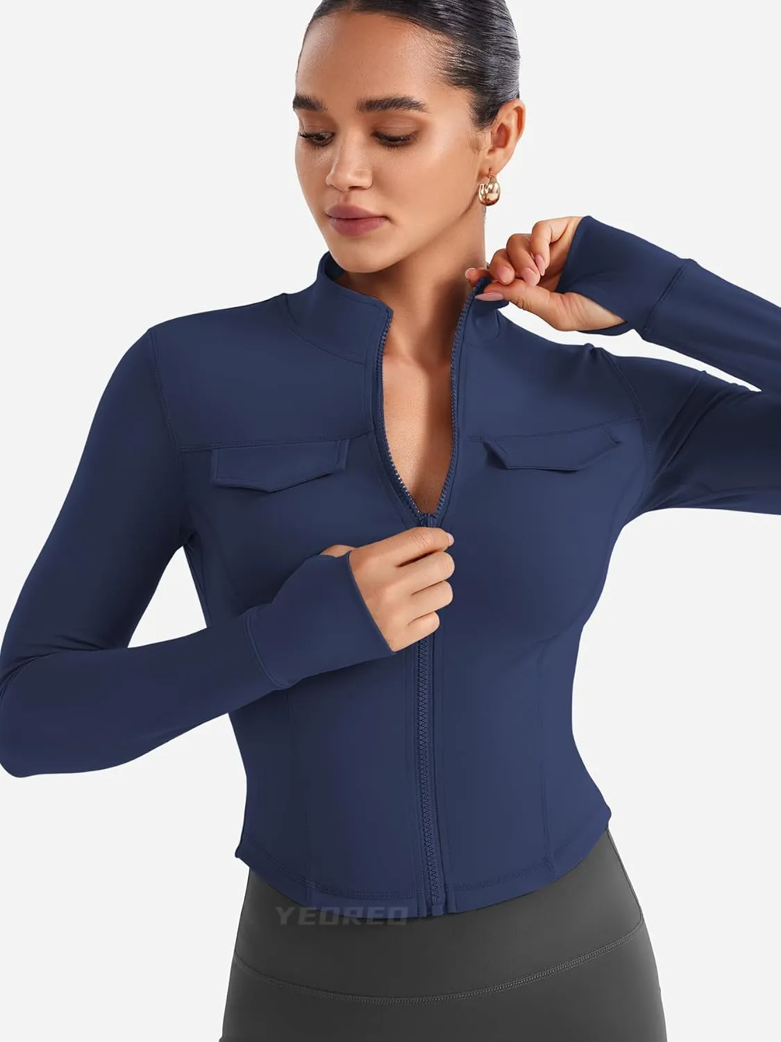 YEOREO CoreFlex Womens Workout Jackets Cropped Zip Up Athletic Jackets Arsene Slim Fit Yoga Running Tops with Thumb Holes