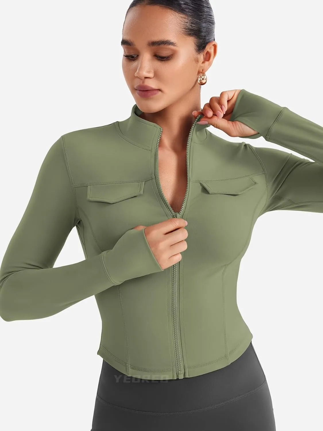 YEOREO CoreFlex Womens Workout Jackets Cropped Zip Up Athletic Jackets Arsene Slim Fit Yoga Running Tops with Thumb Holes