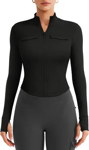 YEOREO CoreFlex Womens Workout Jackets Cropped Zip Up Athletic Jackets Arsene Slim Fit Yoga Running Tops with Thumb Holes