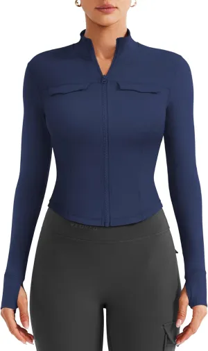 YEOREO CoreFlex Womens Workout Jackets Cropped Zip Up Athletic Jackets Arsene Slim Fit Yoga Running Tops with Thumb Holes