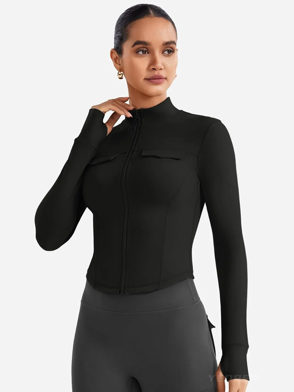 YEOREO CoreFlex Womens Workout Jackets Cropped Zip Up Athletic Jackets Arsene Slim Fit Yoga Running Tops with Thumb Holes