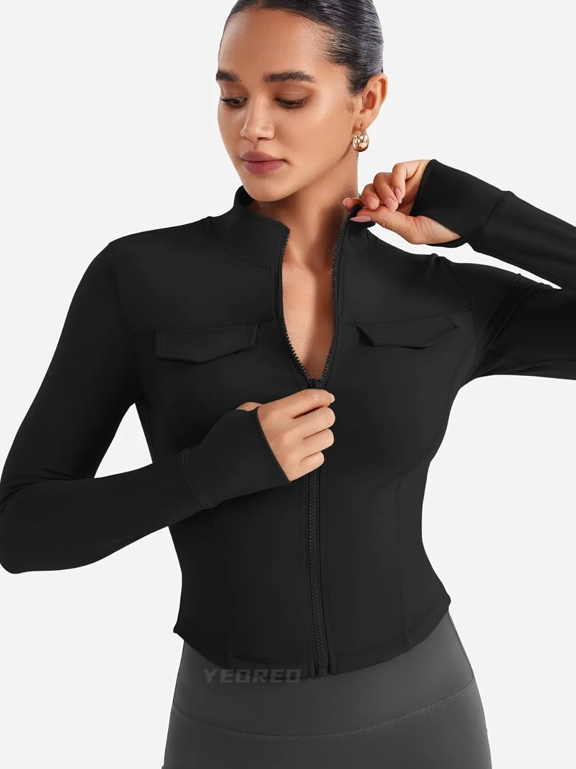 YEOREO CoreFlex Womens Workout Jackets Cropped Zip Up Athletic Jackets Arsene Slim Fit Yoga Running Tops with Thumb Holes