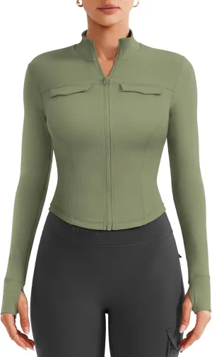 YEOREO CoreFlex Womens Workout Jackets Cropped Zip Up Athletic Jackets Arsene Slim Fit Yoga Running Tops with Thumb Holes