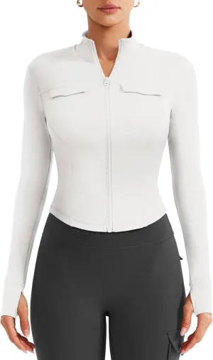 YEOREO CoreFlex Womens Workout Jackets Cropped Zip Up Athletic Jackets Arsene Slim Fit Yoga Running Tops with Thumb Holes
