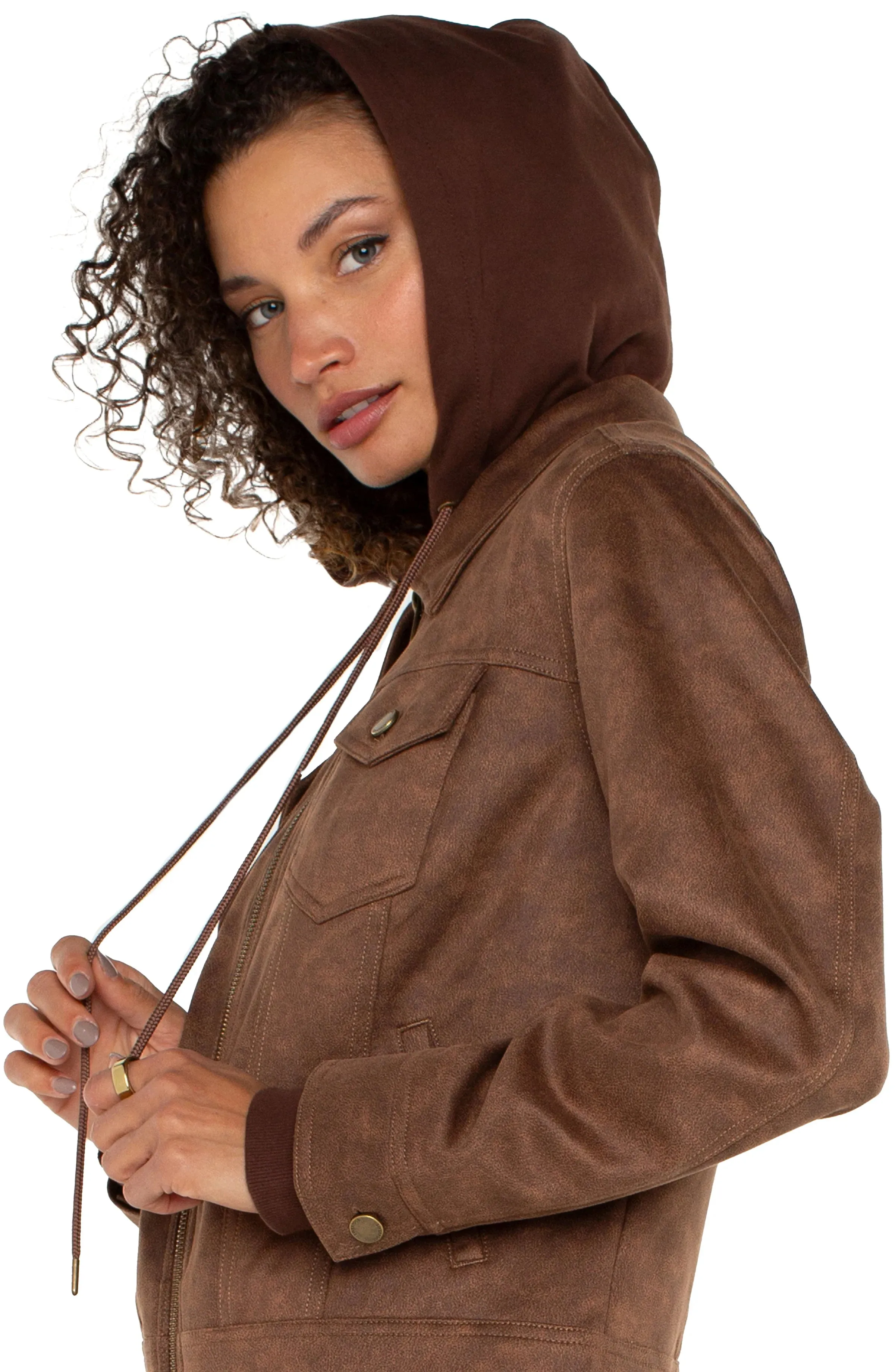 Zoey Zip Up Trucker Jacket with Removable Hood- Liverpool Los Angeles LM1A89T55
