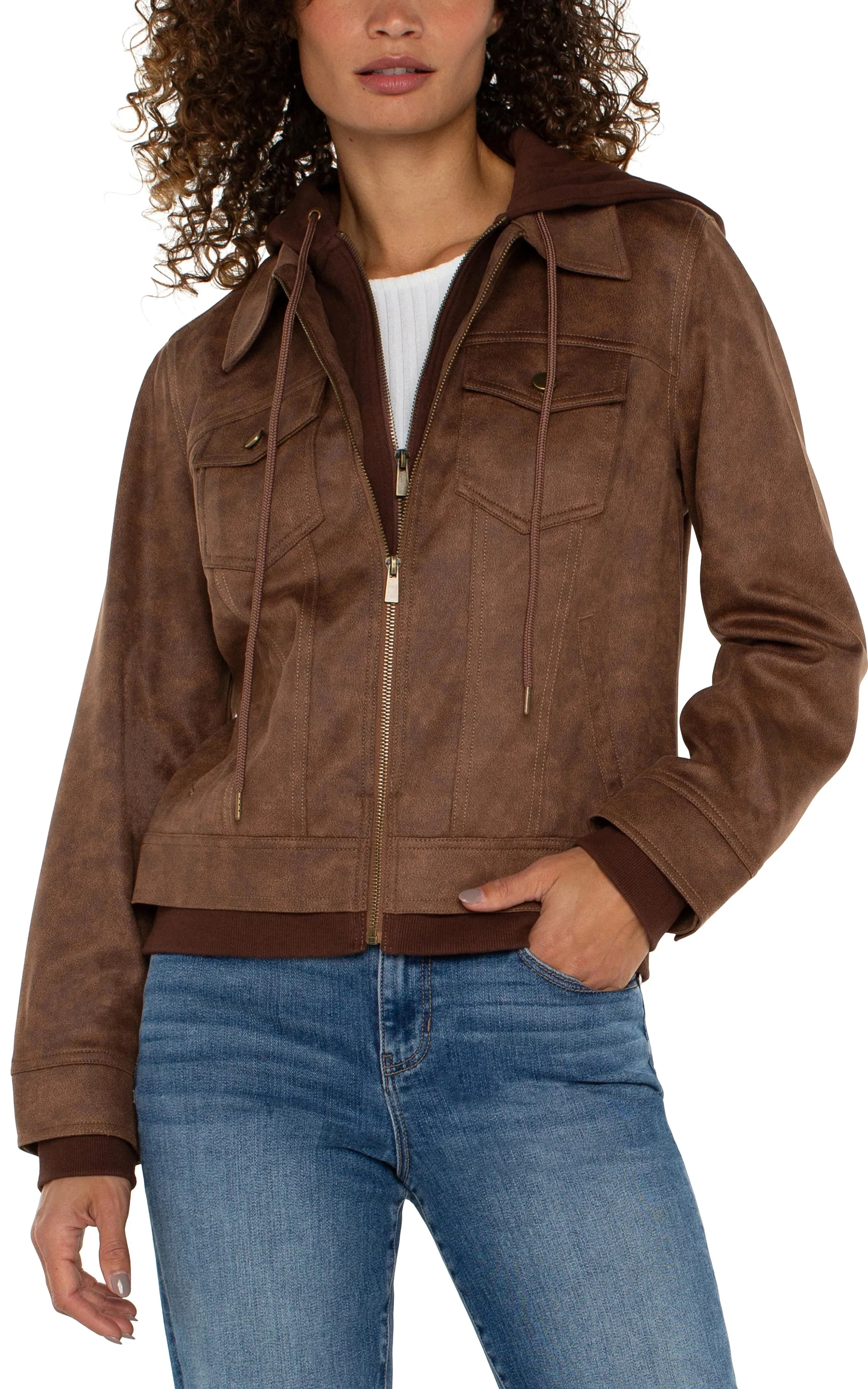 Zoey Zip Up Trucker Jacket with Removable Hood- Liverpool Los Angeles LM1A89T55