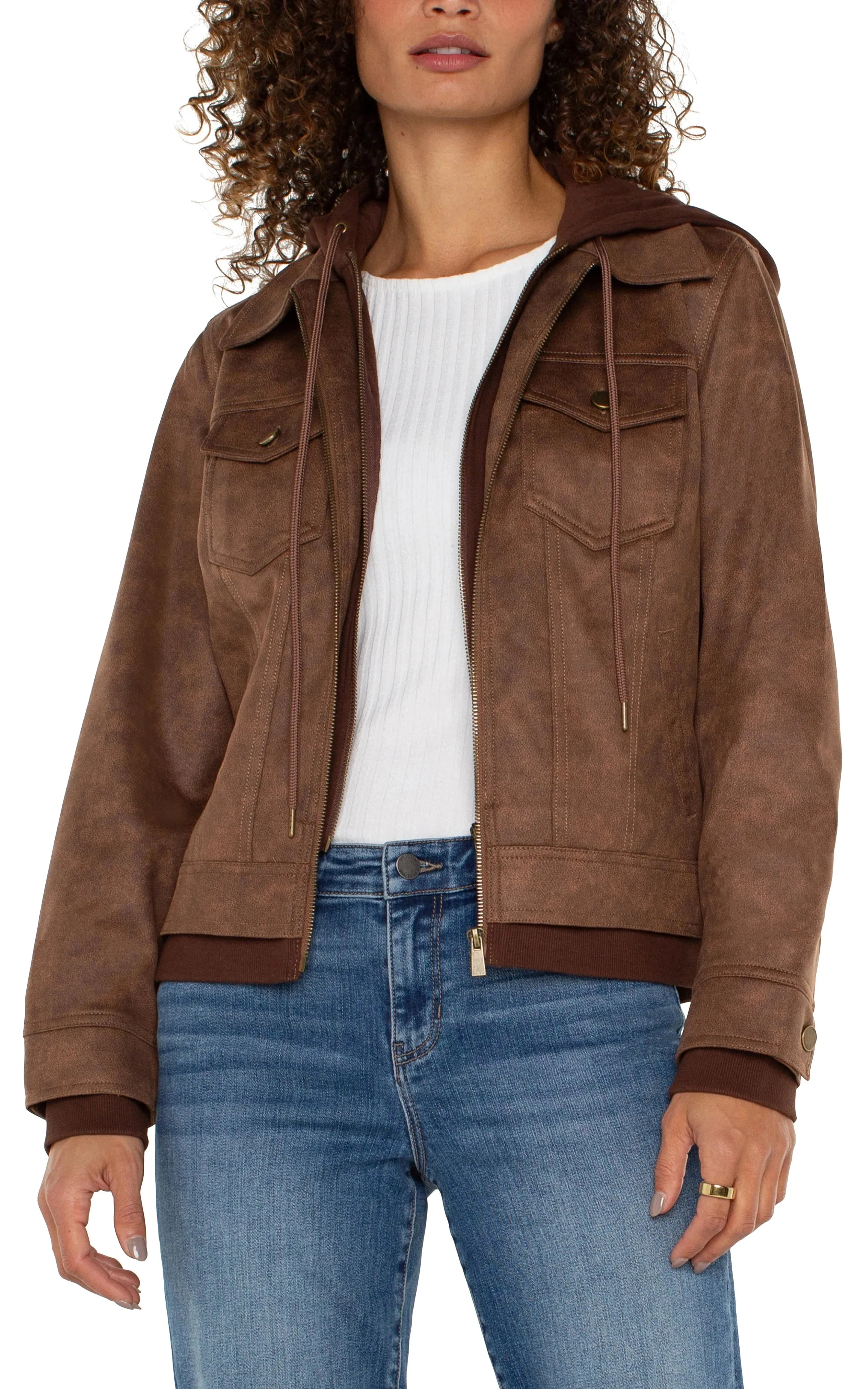 Zoey Zip Up Trucker Jacket with Removable Hood- Liverpool Los Angeles LM1A89T55