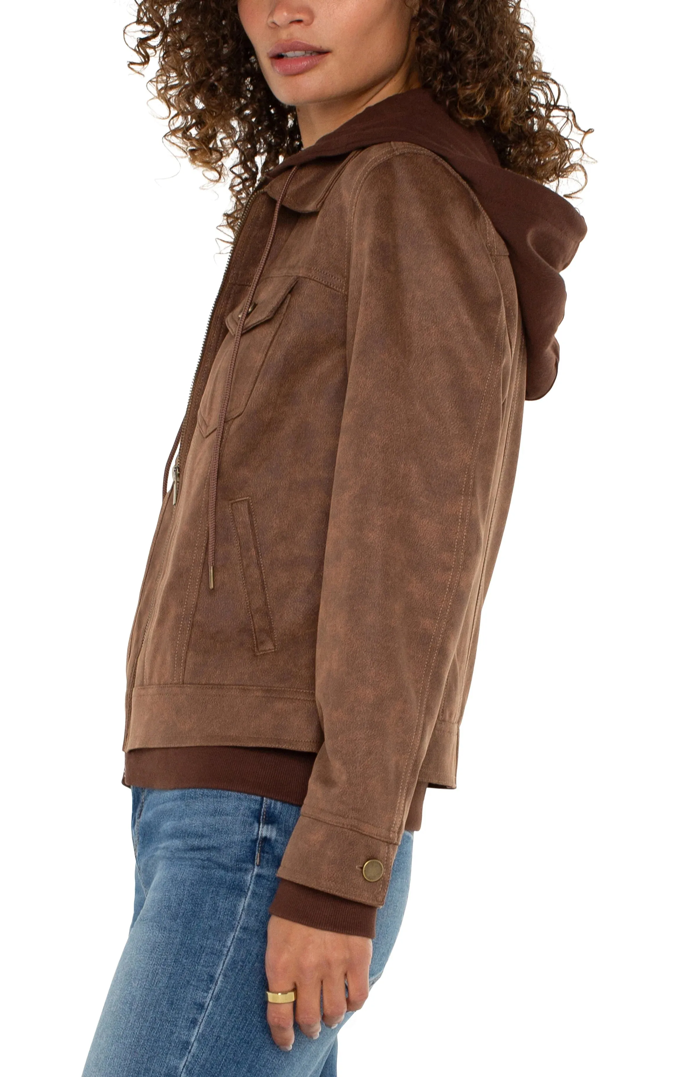 Zoey Zip Up Trucker Jacket with Removable Hood- Liverpool Los Angeles LM1A89T55